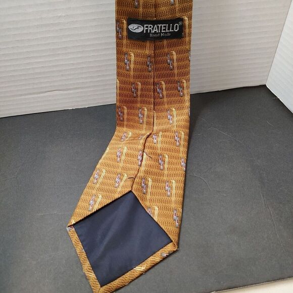 Men's Tie Necktie Fratello Hand Made Gold Silk Geometric‎ Print 60" X 3 3/4" - Picture 1 of 5